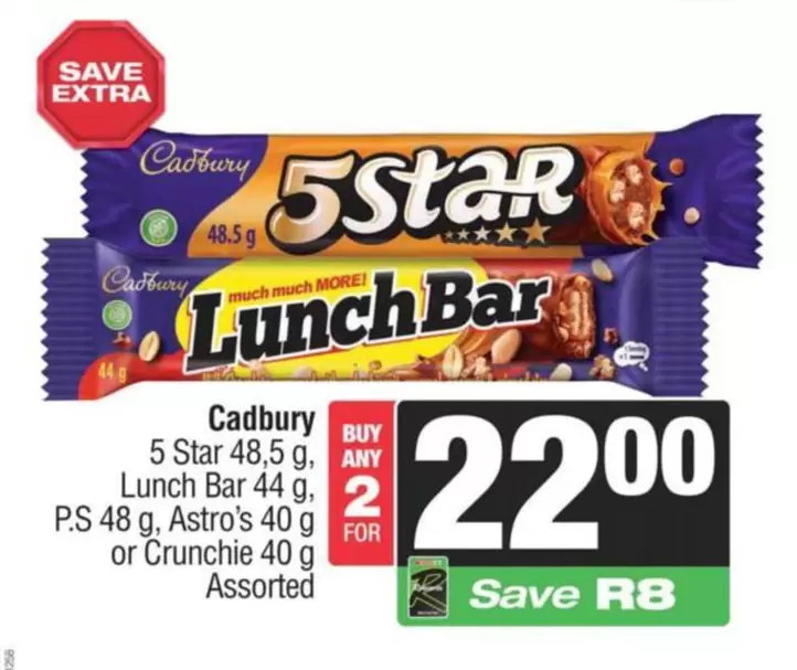 Cadbury - 5 Star 48,5 g, Lunch Bar 44 g, P.S 48 g, Astro's 40 g or Crunchie 40 g