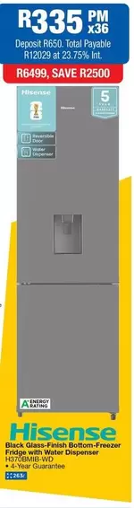 Hisense - Black Glass-Finish Bottom-Freezer Fridge with Water Dispenser