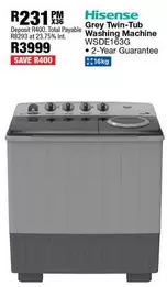 Hisense - Grey Twin-Tub Washing Machine WSDE163G