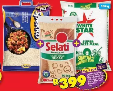 Spekko - Long Grain White Rice, Selati Sprinkle Joy Golden Brown Sugar, White Star Super Aize Meal