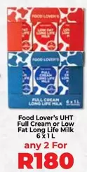 Lovers+ - UHT Full Cream or Low Fat Long Life Milk 6x1L