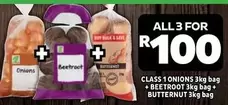 Class 1 Onions 3kg bag + Beetroot 3kg bag + Butternut 3kg bag