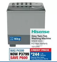 Hisense - Grey Twin-Tub Washing Machine WSDE163G