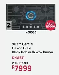 90 cm Gemini Gas on Glass Black Hob with Wok Burner DHG931