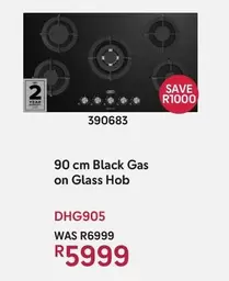 90 cm Black Gas on Glass Hob DHG905