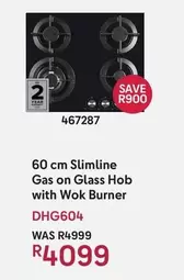 60 cm Slimline Gas on Glass Hob with Wok Burner DHG604