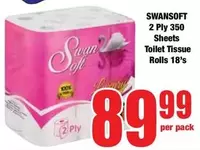2 Ply 350 Sheets Toilet Tissue Rolls 18's