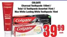 Colgate - Charcoal Toothpaste / Total 12 Toothpaste Assorted / Max White Lasting White Toothpaste