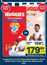 Huggies - Dry Comfort Disposable Nappies or Pants Jumbo Pack or Gold Value Pack Assorted Per Pack