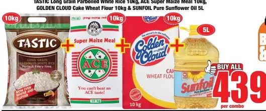 Tastic - Long Grain Parboiled White Rice 10kg, Super Maize Meal 10kg, Cake Wheat Flour 10kg & Pure Sunflower Oil 5L