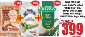 Illovo - Long Grain Parboiled White Rice 10kg, Super White Super Maize Meal 10kg & White Sugar 10kg