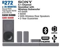 Sony - 5.1-Channel Soundbar with Wireless Subwoofer HT-S40R