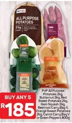 PnP All Purpose Potatoes 2kg, Butternut 3kg, Red Sweet Potatoes 2kg, Gem Squash 2kg, Beetroot Carry Bag V, Orange Sweet Potatoes 2kg, Carrot Carry Bag V or Green Peppers 800g