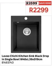 Laveo Chichi Kitchen Sink Black Drop In Single Bowl W48xL.39xD19cm