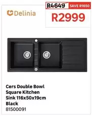 Delinia - Cers Double Bowl Square Kitchen Sink 116x50x19cm Black