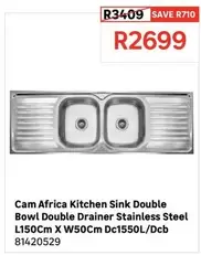 Cam Africa Kitchen Sink Double Bowl Double Drainer Stainless Steel L150Cm X W50Cm Dc1550L/Dcb