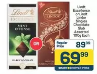 Lindt - Excellence or Lindor Singles Chocolate Slab