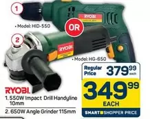 ryobi - 1.550W Impact Drill Handyline 10mm OR 2.650W Angle Grinder 115mm