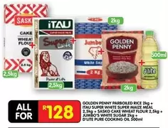 Jumbo - PARBOILED RICE 2kg + SUPER WHITE MAIZE MEAL 2.5kg + CAKE WHEAT FLOUR 2kg + SUGAR 2kg + PURE COOKING OIL 500ml