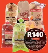 Class 1 Potatoes, Golden Delicious Apples, Class 1 Onions, Jam Tomatoes, Butternut, Oranges
