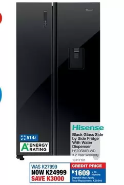 Hisense - Black Glass Side by Side Fridge with Water Dispenser H670SMB-WD