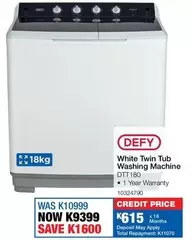 Defy - White Twin Tub Washing Machine DTT180