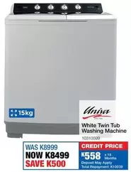 Univa - White Twin Tub Washing Machine