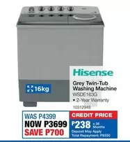 Hisense - Grey Twin-Tub Washing Machine WSDE163G