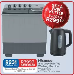 Hisense - 16kg Grey Twin-Tub Washing Machine WSDE163G