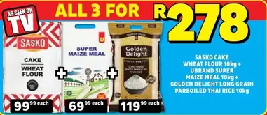 SASKO - Sasko Cake Wheat Flour 10kg + Ubrand Super Maize Meal 10kg + Golden Delight Long Grain Parboiled Thai Rice 10kg