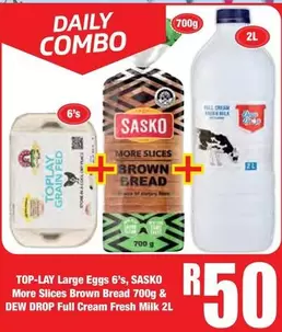 Daily - TOP-LAY Large Eggs, SASKO More Slices Brown Bread, DEW DROP Full Cream Fresh Milk