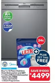 Ultra - 13 Place Stainless Steel Dishwasher and 1x  Efficient Dishwasher Tablets 24s