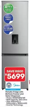 Metallic Fridge with Bottom Freezer and Water Dispenser