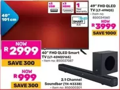 49" FHD QLED TV (LT-49NQ5) and 2.1 Channel Soundbar (TH-N3338)