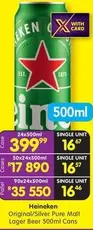 Heineken - Original/Silver Pure Malt Lager Beer 500ml Cans