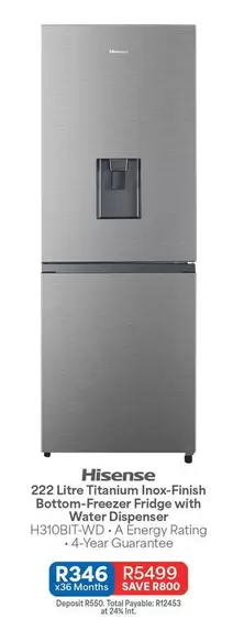 Hisense - 222 Litre Titanium Inox-Finish Bottom-Freezer Fridge with Water Dispenser H310BIT-WD