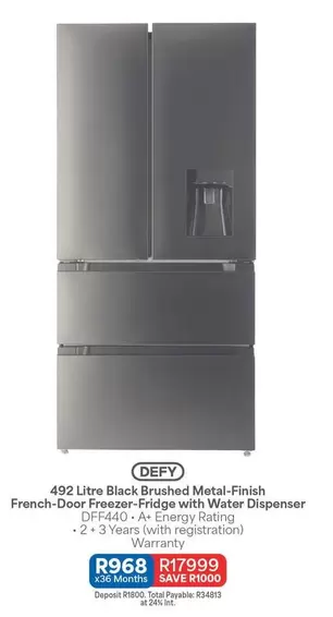 Defy - 492 Litre Black Brushed Metal-Finish French-Door Freezer-Fridge with Water Dispenser