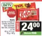 Kit Kat 4 Finger or Chunky Assorted, Aero Assorted, Bar One, Smarties or Tex