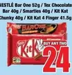 Nestlé - Bar One 52g / Tex Chocolate Bar 40g / Smarties 40g / Kit Kat Chunky 40g / Kit Kat 4 Finger 41.5g