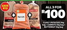 CLASS 1 POTATOES 3kg bag + CARROTS 5kg bag + BUTTERNUT 3kg bag