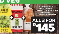 Jumbo - GOLDEN DELICIOUS APPLES 3kg bag + CLASS 1 BEST BUY POTATOES 7kg pocket + CLASS 1 ONIONS 1kg bag