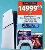 PlayStation 5 Disc Edition Console 1TB with Cricket 26 & WWE 2K26 - 1TB