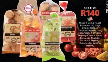 Class 1 Boil & Roast Potatoes 2kg bag / Choice Golden Delicious Apples 1.5kg bag / Class 1 Onions 2kg bag / Class 1 Roma Tomatoes 1kg bag / Butternut 3kg bag / Oranges for Juicing 3kg bag