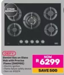 Defy - Gemini Gas on Glass Hob with Precise Flame (DH0905)