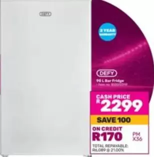 Defy - 90 L Bar Fridge