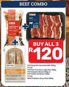 Beef Potjiekos Soup Pack 500g, PnP Soup Mix Assorted 600-800g, PnP San Francisco Light Rye 400g, PnP Ciabatta Bread 400g or PnP California Bread 400g