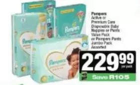 Pampers - Active or Premium Care Disposable Baby Nappies or Pants Jumbo Pack