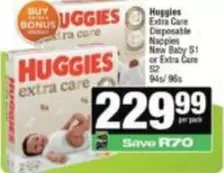 Huggies - Extra Care Disposable Nappies New Baby S1 or Extra Care S2