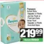 Pampers - Active Baby Nappies or Pants Jumbo Pack or Premium Care Value Pack Nappies or Pants