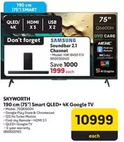 Skyworth - 190 cm (75") Smart QLED+ 4K Google TV